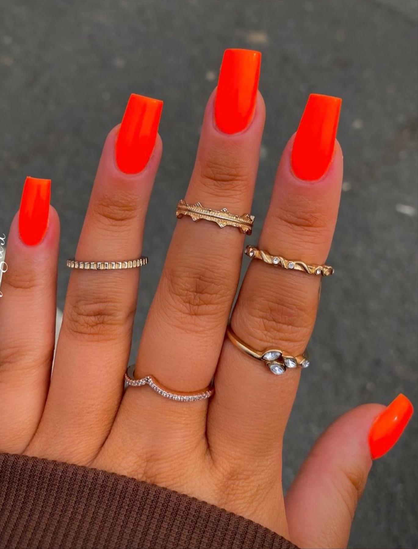 37 Bright Neon orange nails for summer nail colors 2022 - Mycozylive.com